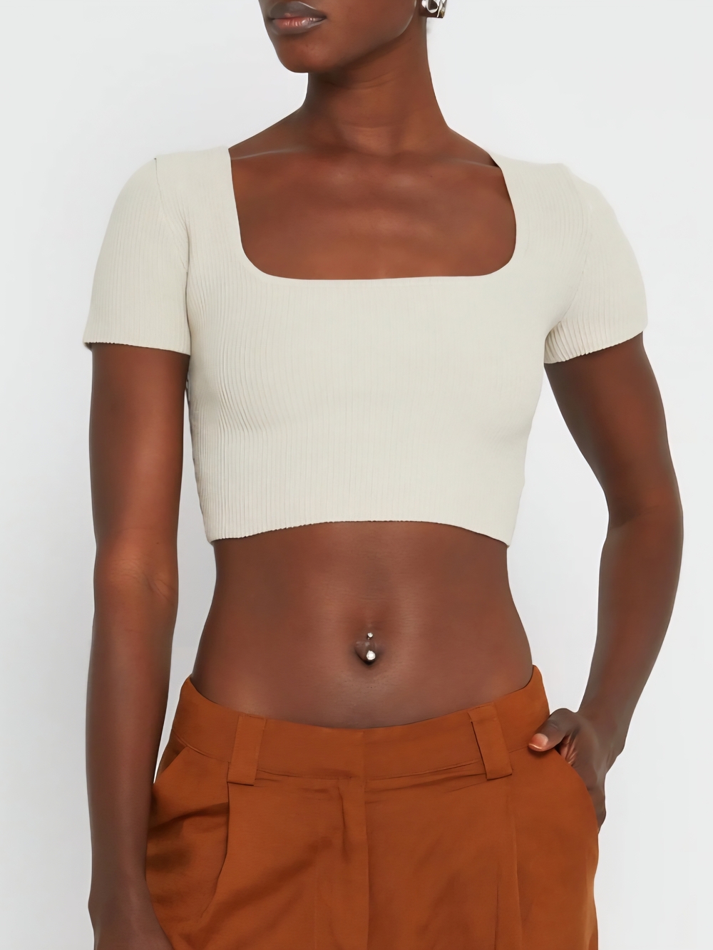 Aritzia Babaton Sculpt Knit square neck top in matte pearl color